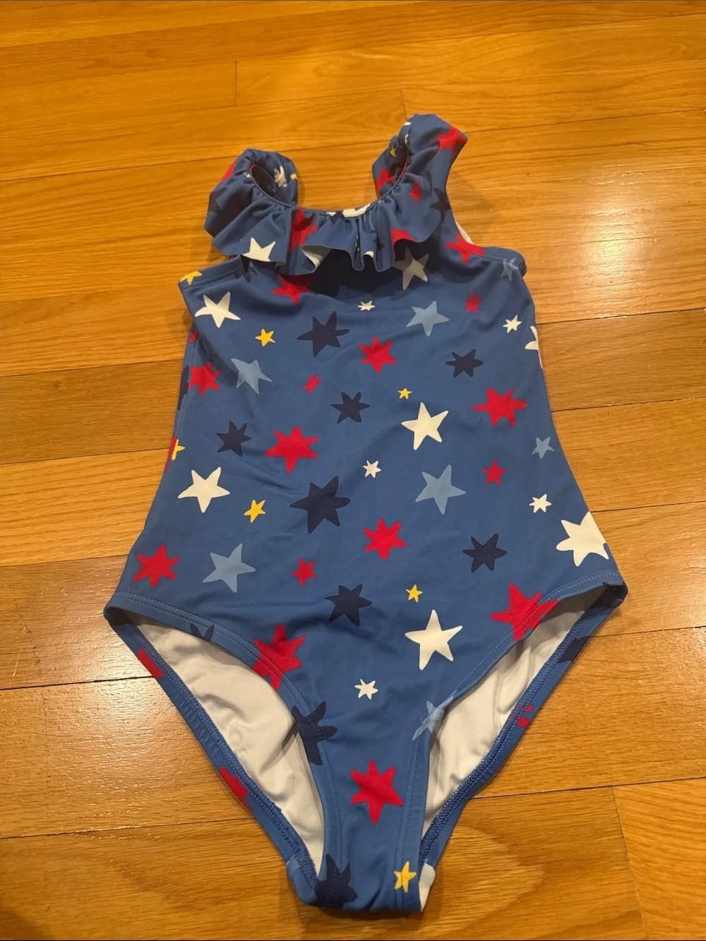 Hanna Anderson one piece patriotic star and ruffles straps size 8 .